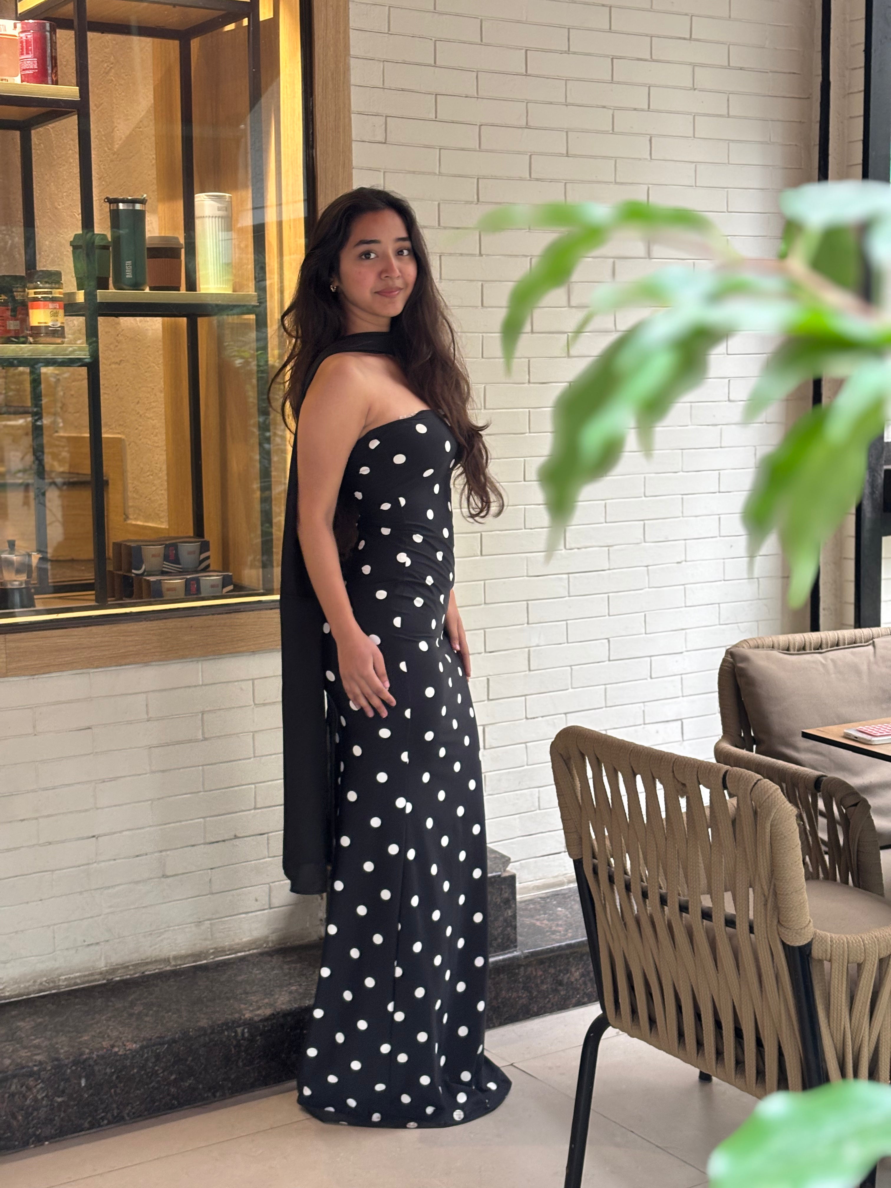 Amaya Scarf Strapless Maxi Polka Dot Dress