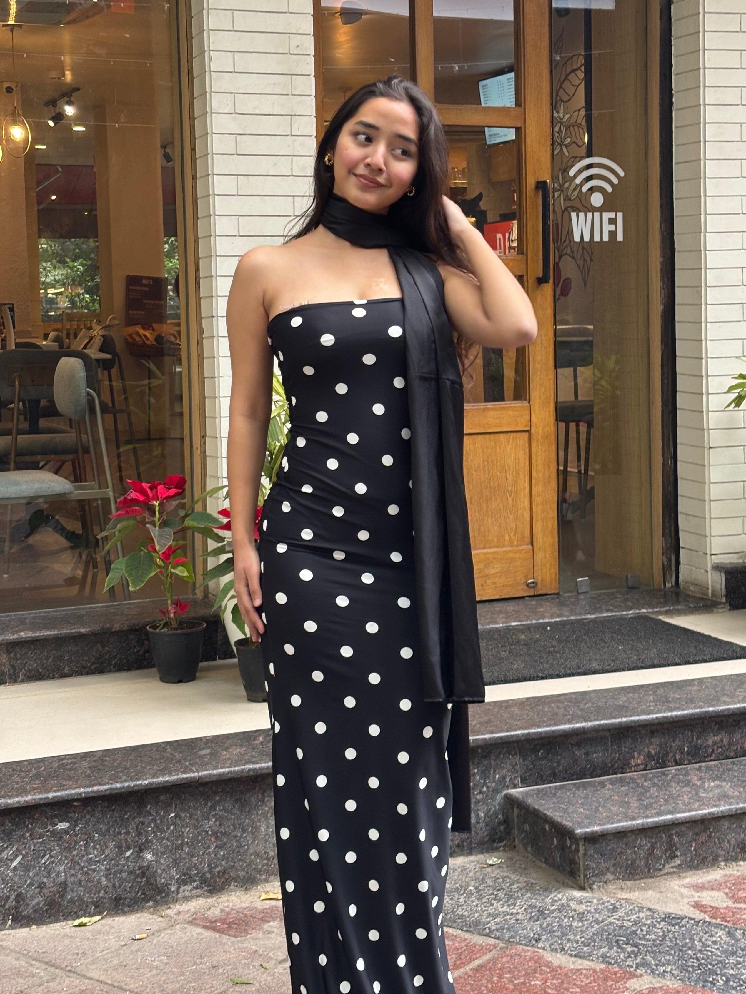 Amaya Scarf Strapless Maxi Polka Dot Dress