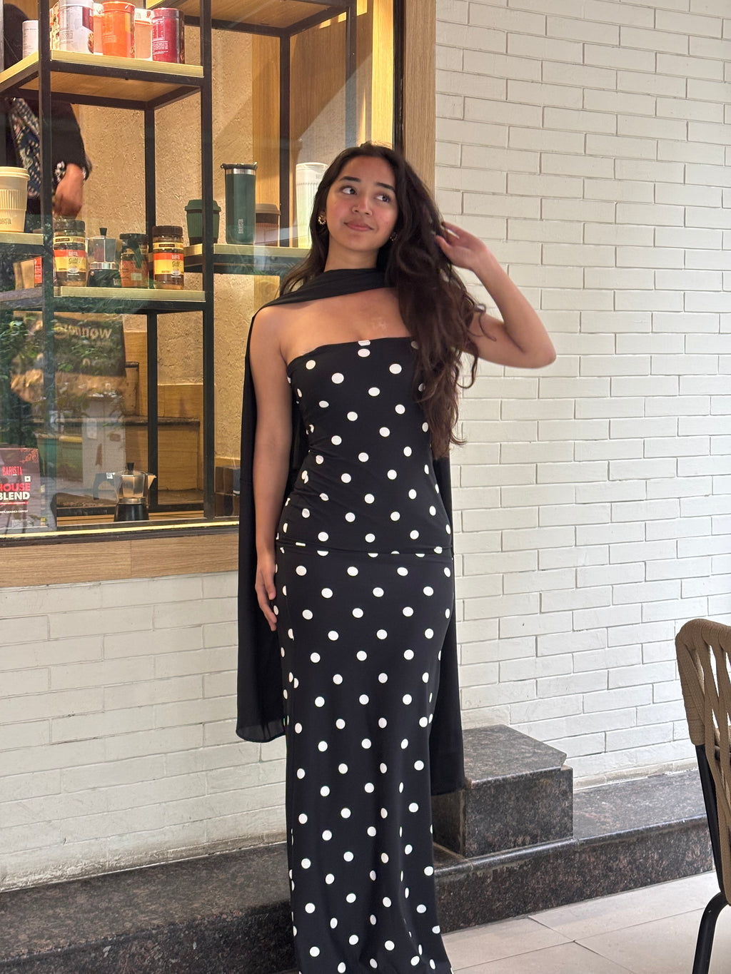 Amaya Scarf Strapless Maxi Polka Dot Dress
